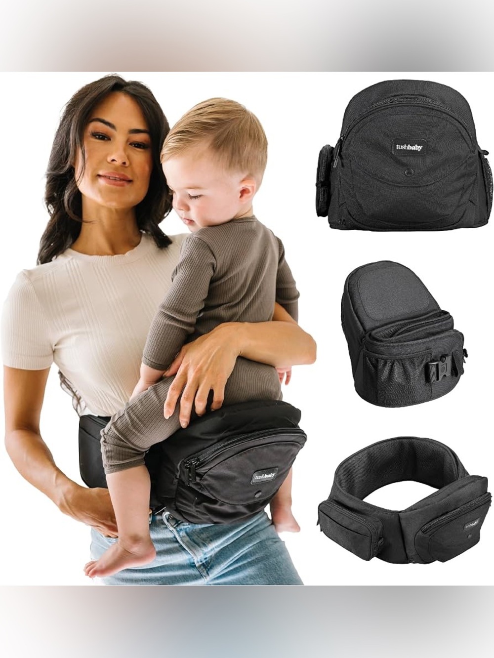 lushbaby Black Kids Hip Seat Carrier with Storage Pockets